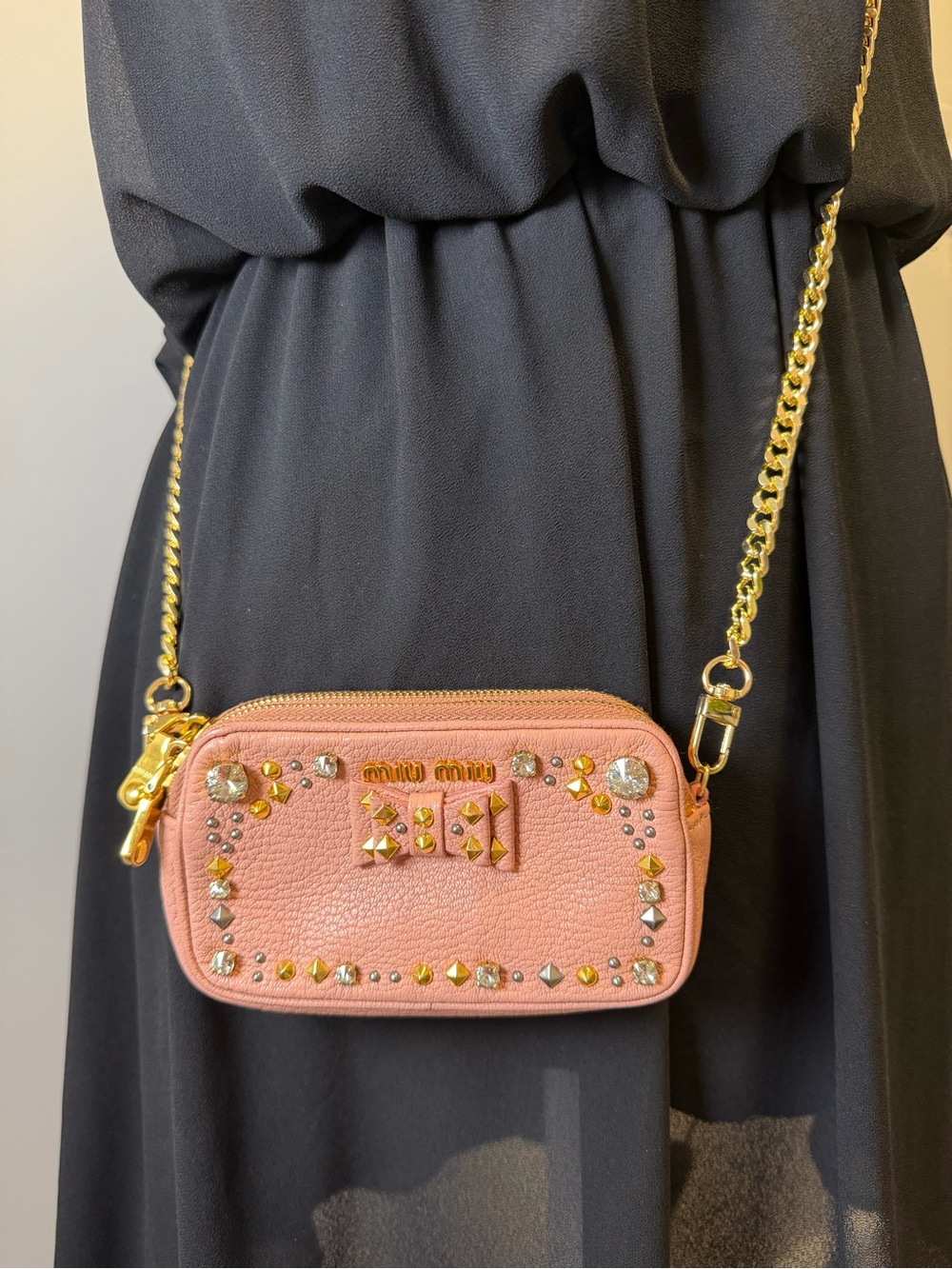 Miu Miu Pink Studded Leather Crossbody Mini Pouch